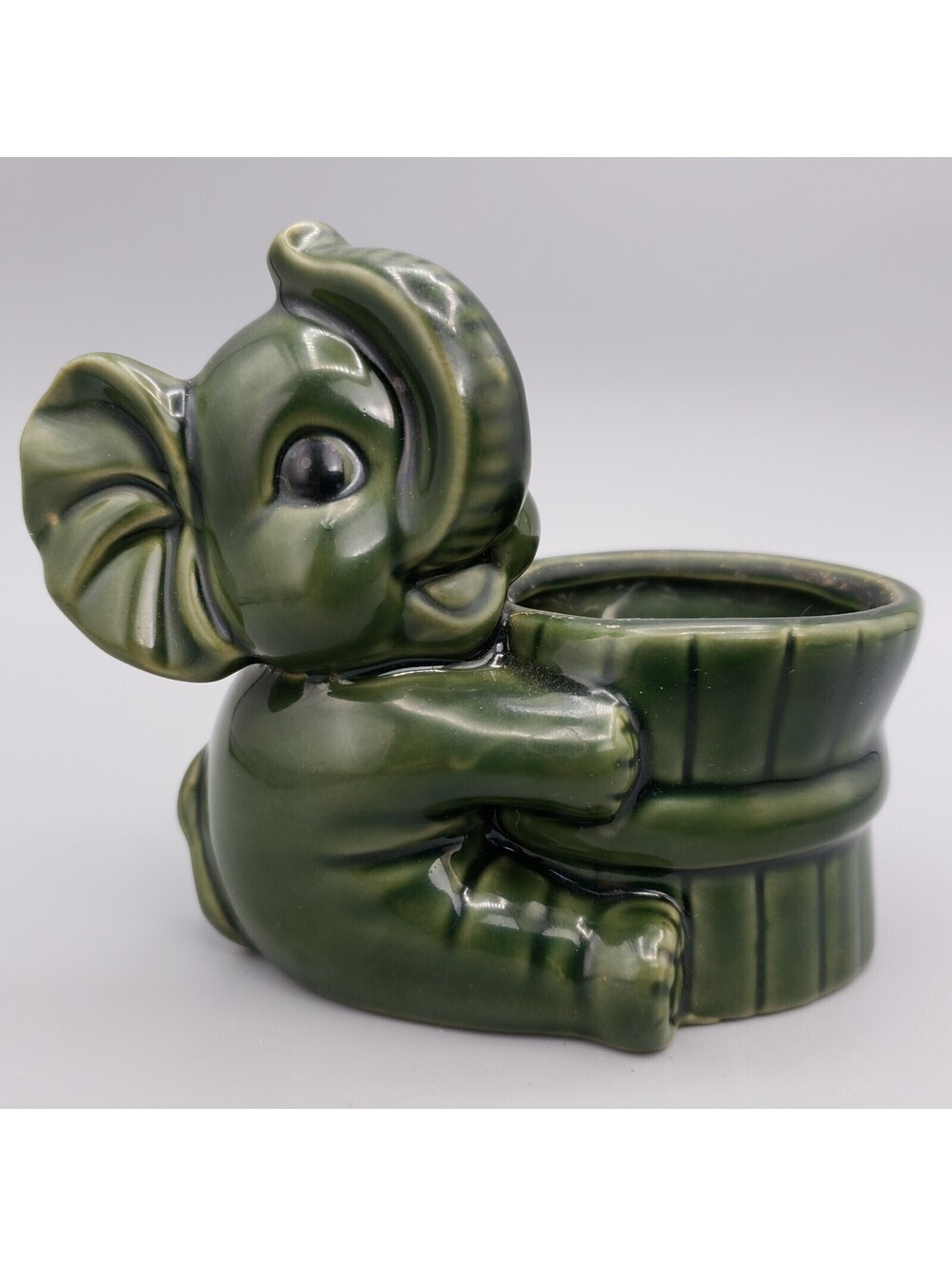 Vintage Pottery Planter Green Glaze Baby Elephant Trunk Up Holding Pot Basket